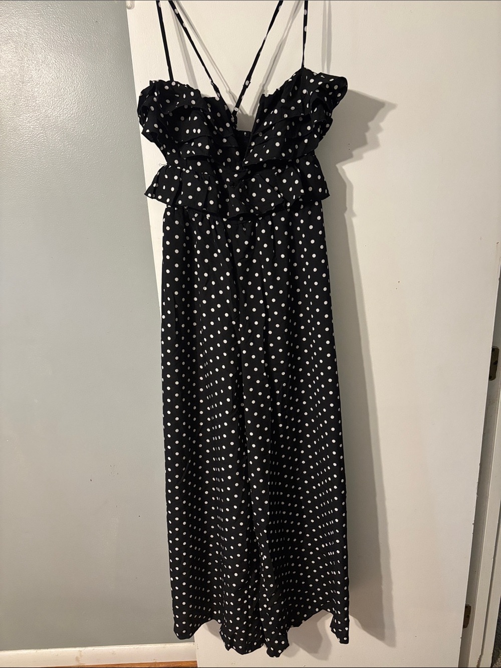 Shein Bae Black Polka Dot Jumpsuit with Ruffle Bodice and Smocked Back